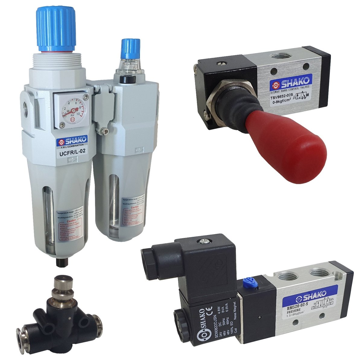 Mechanical, lever, button, solenoid, quick exhaust, and shuttle valves. Includes filters, regulators, lubricators, fittings, silencers, and other air components.